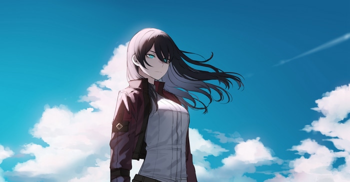 Anime girl with black hair and blue eyes under the sky