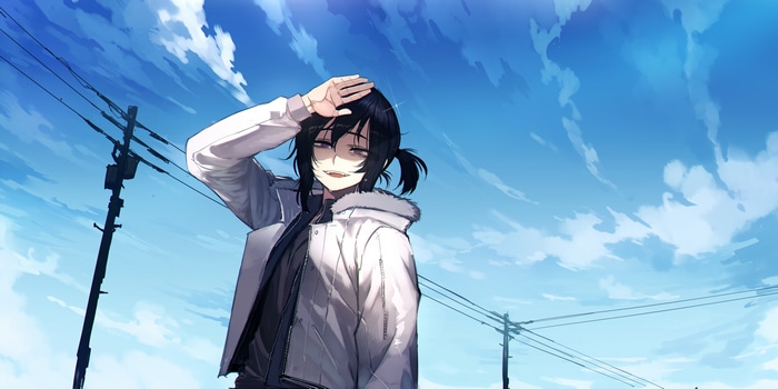 Anime character with black hair in a white coat under the sky