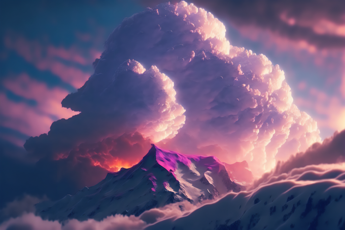 Snowy mountains under dramatic clouds at sunset