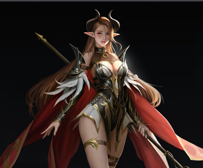 Fantasy art of a woman with horns and a spear