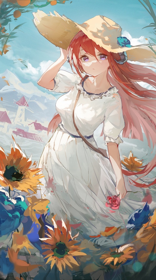 Girl in a sun dress and straw hat with sunflowers