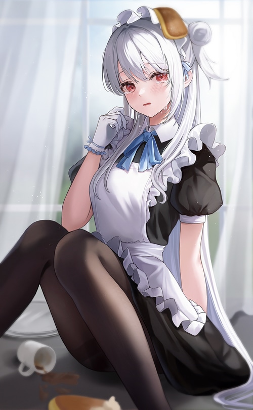 Anime maid with white hair and red eyes