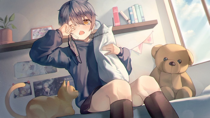 Anime boy with cat and teddy bear