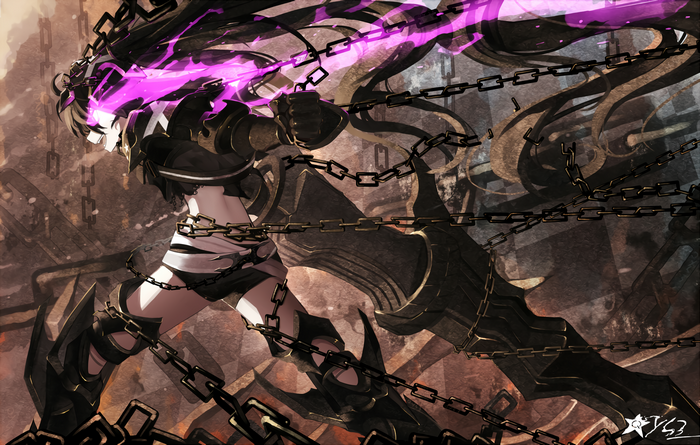 Insane Black Rock Shooter with Chains and Purple Eyes