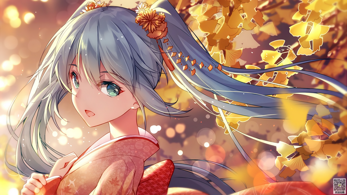 Hatsune Miku in Kimono with Ginkgo Leaves