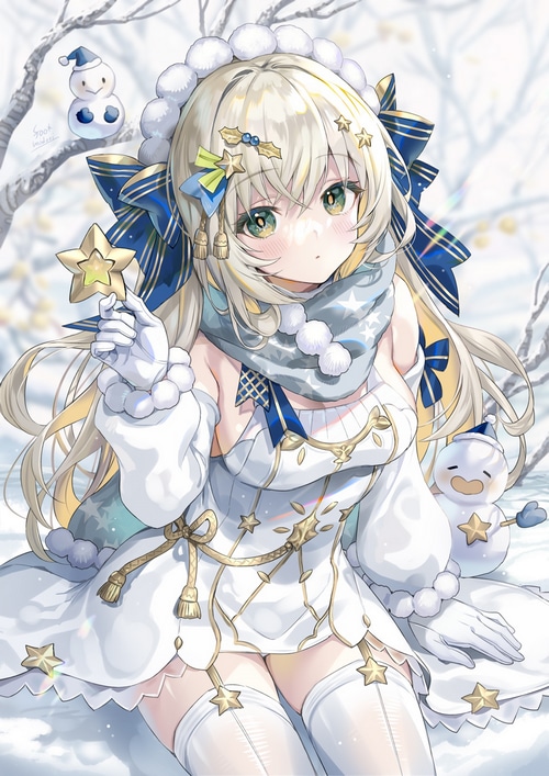 Girl with blonde hair and green eyes in a snowy forest