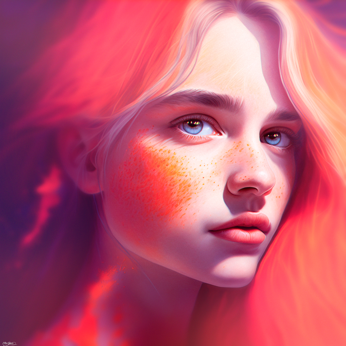 Painting of a woman with blue eyes and pink hair