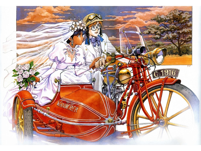 Fushigi no umi no Nadia couple on a vintage motorcycle