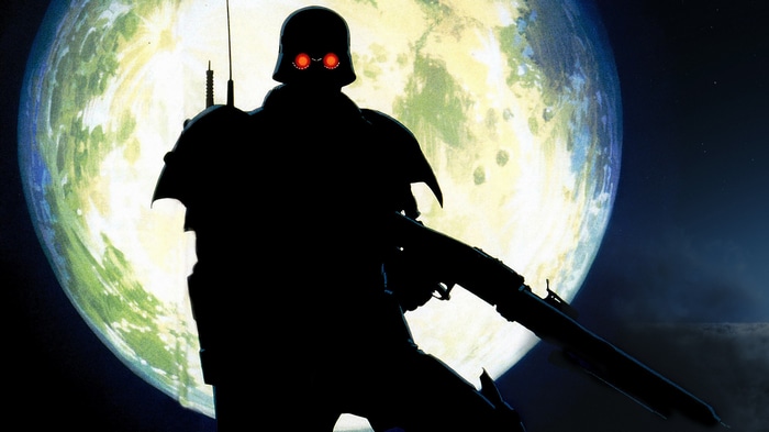 Jin-Roh soldier with red eyes in front of a planet