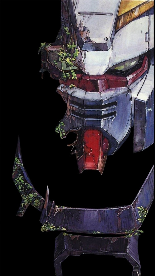 Gundam mech overgrown with plants
