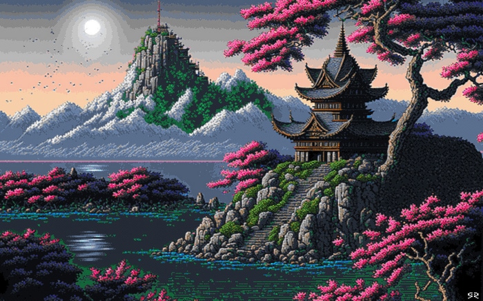 Pixel art of a pagoda by a lake with cherry blossoms and mountains