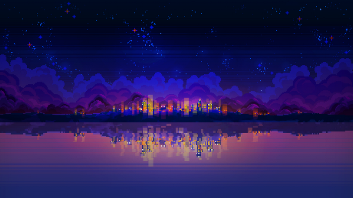 Pixel art city skyline at night with starry sky and reflection