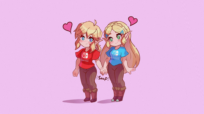 Chibi Link and Zelda holding hands wearing Nintendo Switch shirts