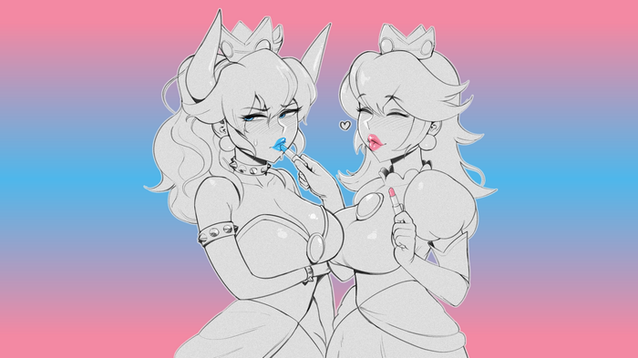 Princess Peach and Bowsette applying makeup