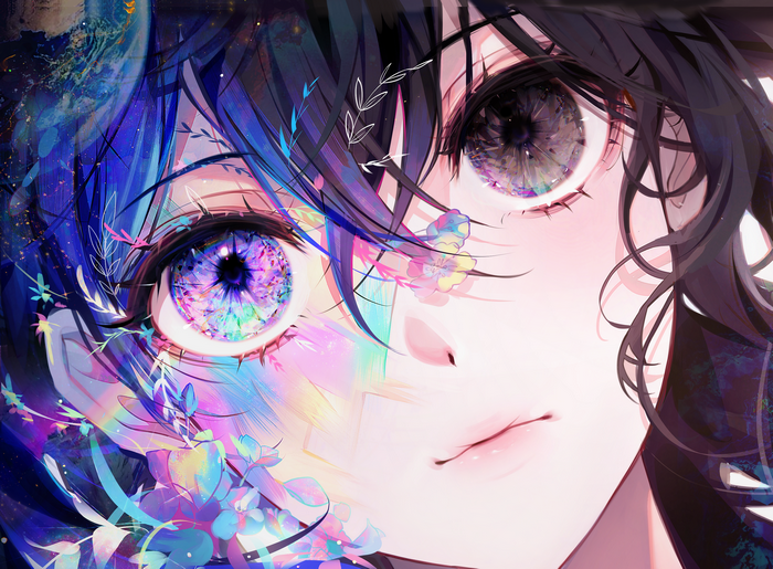 Anime girl with colorful eyes and flowers