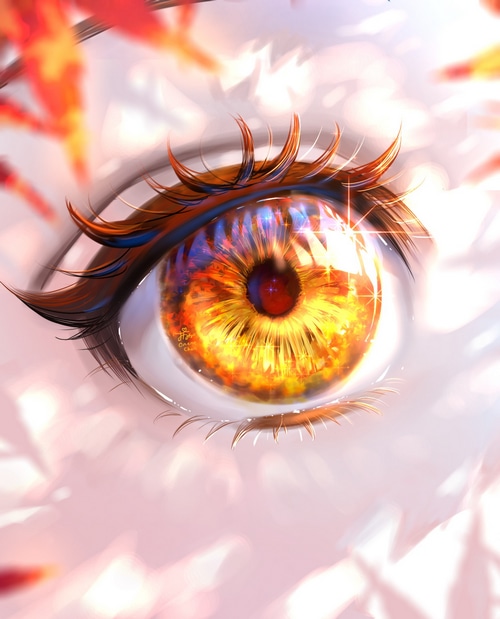 Close-up of a colorful, multi-colored eye with reflections