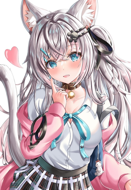 Cat girl in school uniform with pink jacket and blue bow