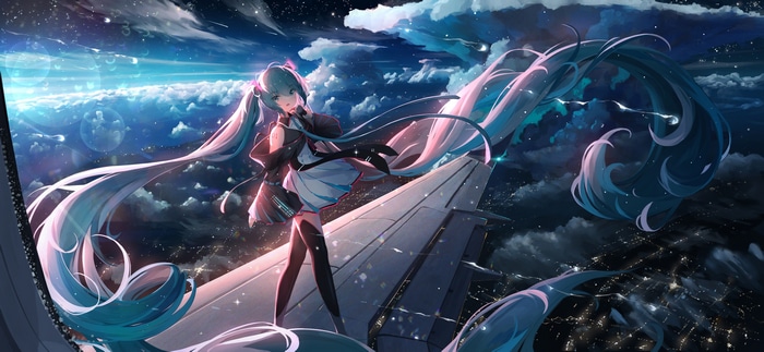 4K Hatsune Miku on Airplane Wing Above Clouds