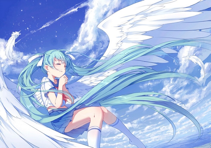 Hatsune Miku with Angel Wings in the Sky