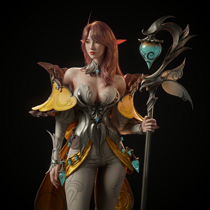 Elf woman with staff and ornate armor
