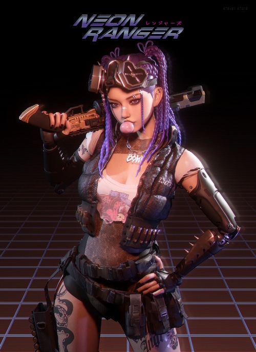 Neon Ranger with Purple Hair and Shotgun
