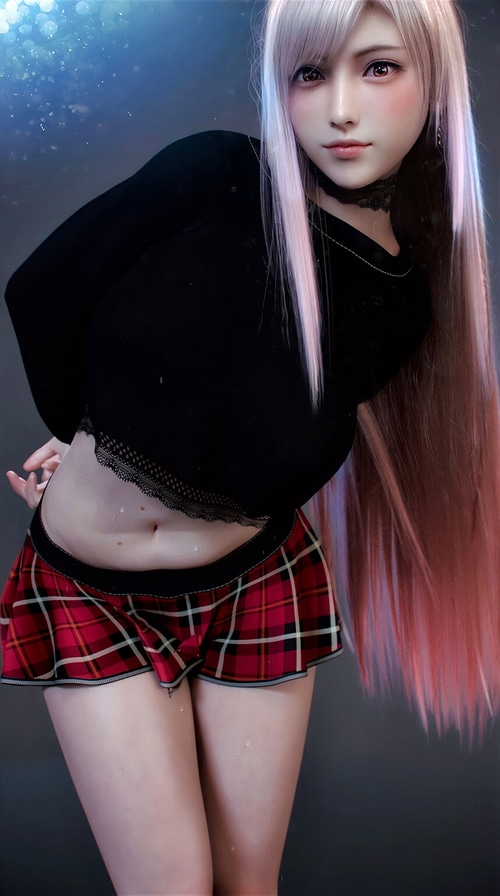 Tifa Lockhart in a black top and plaid skirt