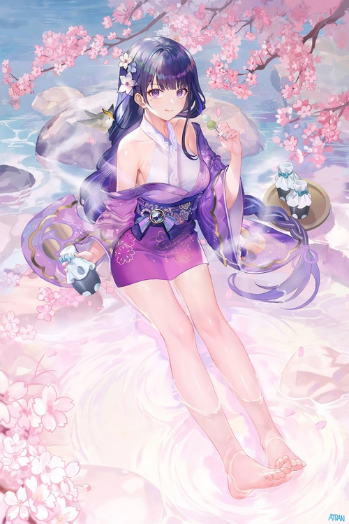 Raiden Shogun in a purple kimono by a stream with cherry blossoms
