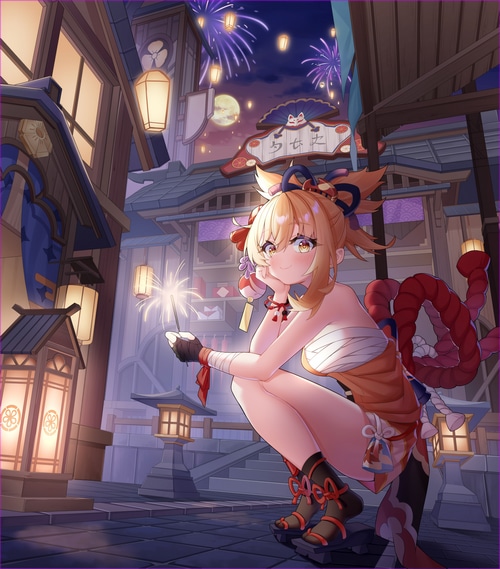 4K Genshin Impact Yoimiya with Fireworks
