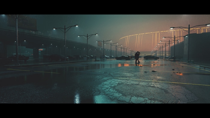Couple in a rainy city street at night