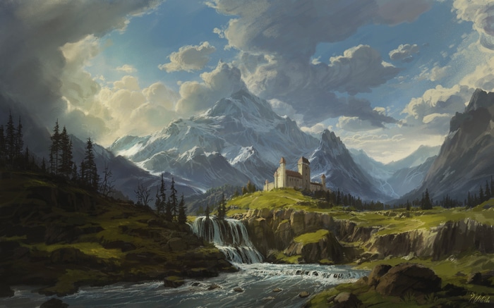 Castle on a hill with mountains and waterfall