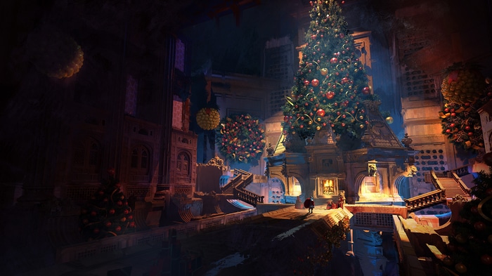 Christmas tree and ornaments in a grand hall