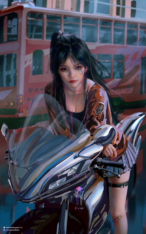 Woman on a motorcycle with a bus in the background