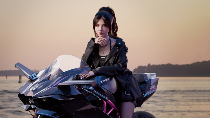 4K CGI woman on a Kawasaki motorcycle