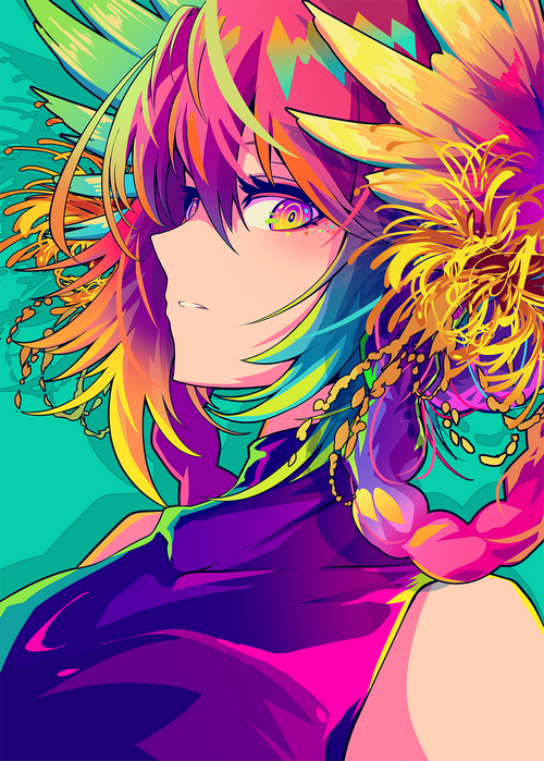 Anime girl with colorful gradient hair and floral accessories