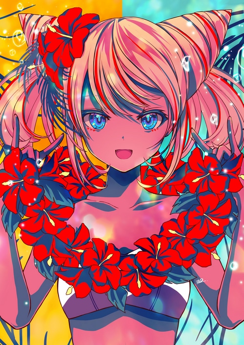 Anime girl with hibiscus flowers and blue eyes