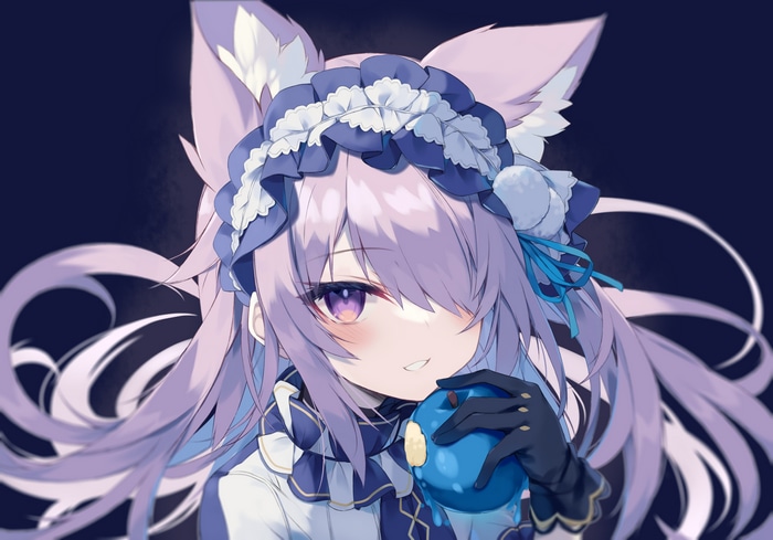 Fox girl with purple hair holding a blue apple