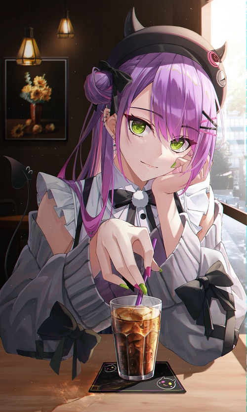 Tokoyami Towa with a drink at a cafe