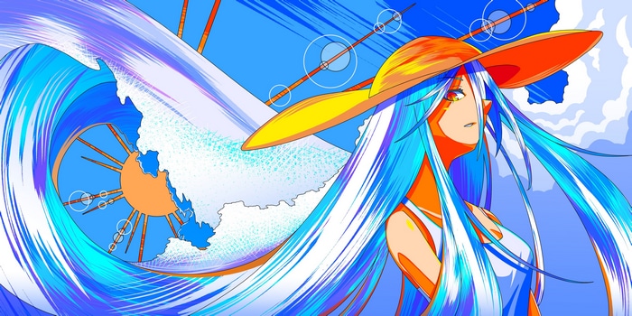 4K anime girl with blue hair and hat