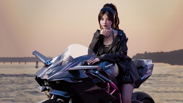 Woman on a Kawasaki Ninja motorcycle at sunset