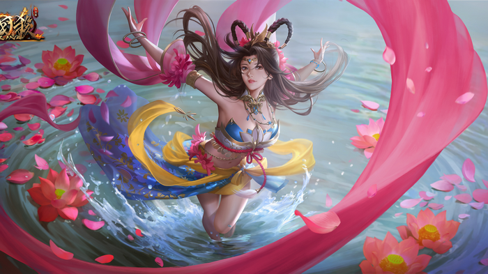 Woman in traditional Chinese attire dancing in water with lotuses