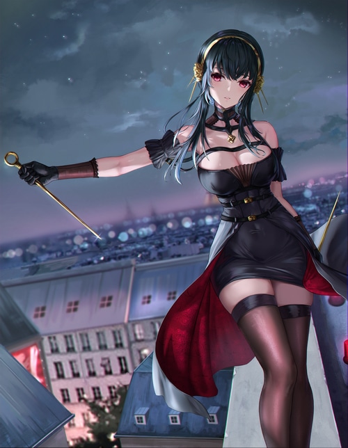 Yor Forger from Spy x Family on a rooftop at night