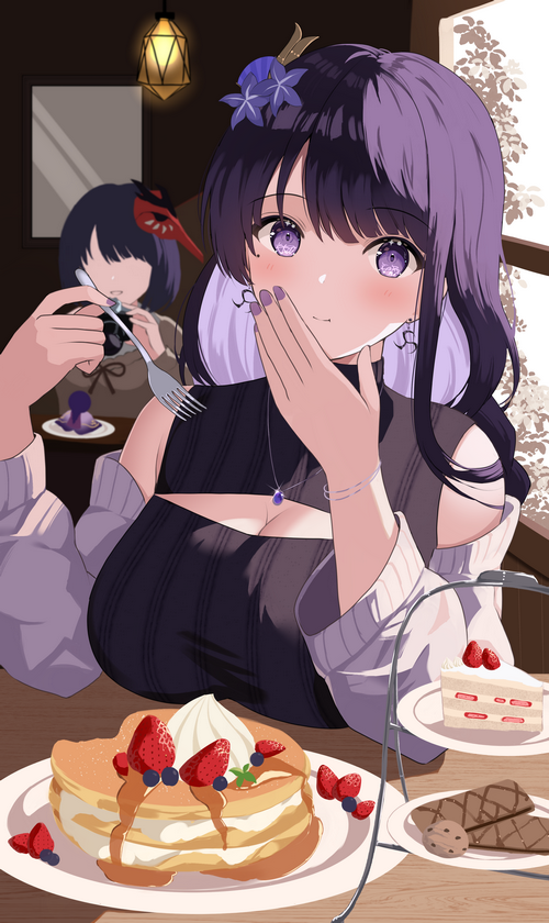 Raiden Shogun and Kujou Sara eating sweets
