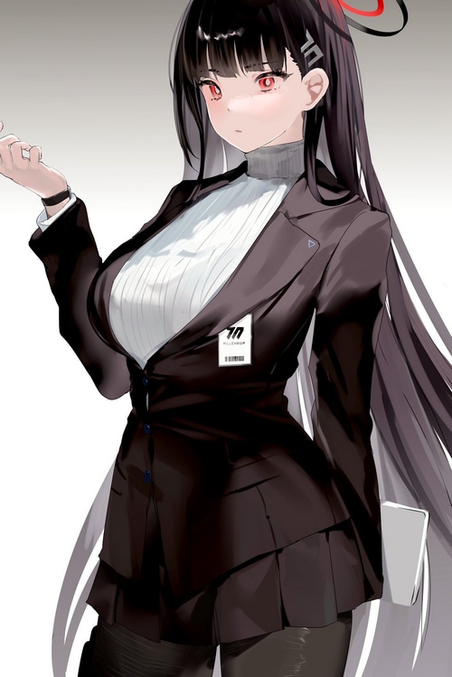 Anime girl in a black suit and white turtleneck