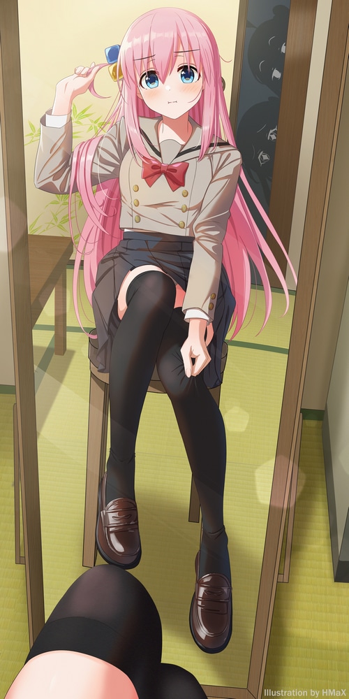 Gotou Hitori in School Uniform Reflected in Mirror