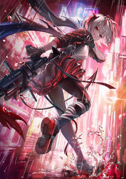 W from Arknights holding a gun in the rain