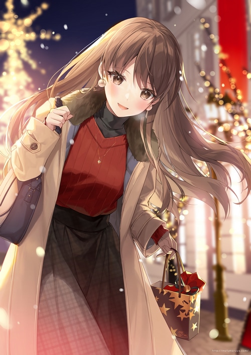 Anime girl with brown hair and brown eyes in winter coat