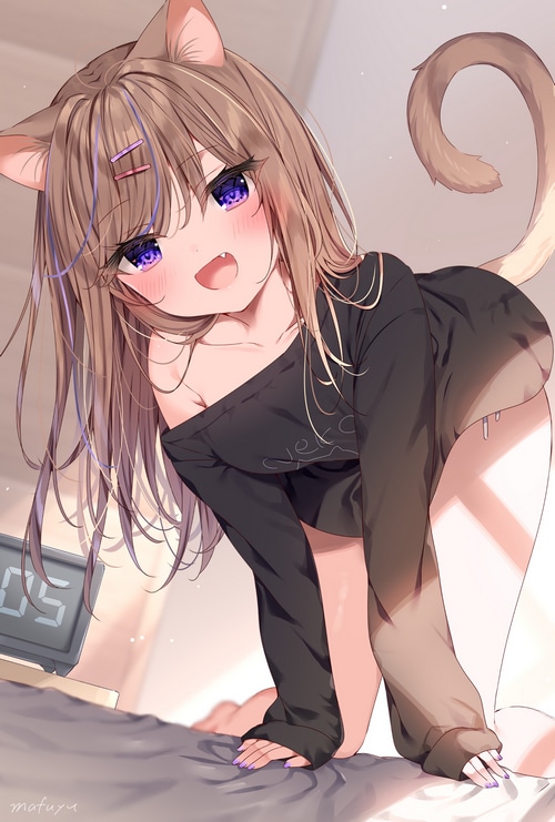 Cat girl kneeling on a bed