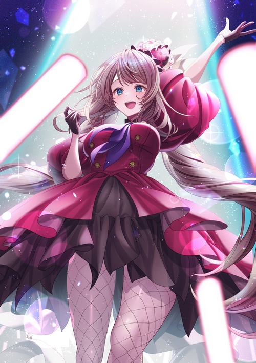 Anime girl with blue eyes and fishnet stockings