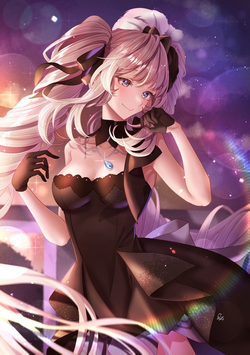 Anime girl with long blonde hair wearing a black dress and gloves