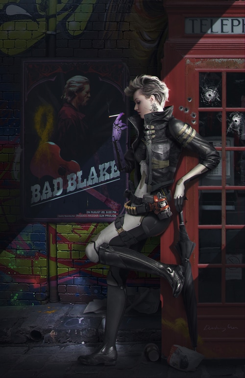Bad Blake poster with a woman smoking by a phone box